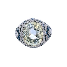 Art Deco Platinum Ring with Diamonds and GIA Ceylon NO Heat yellow Sapphire