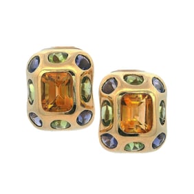 Mid-century 18kt Gold Clip on Earrings with Citrine, Tanzanite and Peridots
