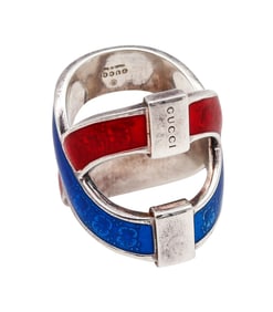 Gucci Milano Vintage Red And Blue Enamel Ring In Solid .925 Sterling Silver