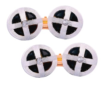 French Doble Cufflinks 18k Gold, Diamonds & Onyx