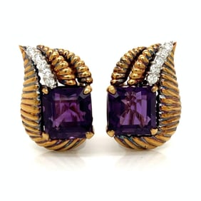 Retro 18K Yellow Gold Amethyst & Diamond Earrings
