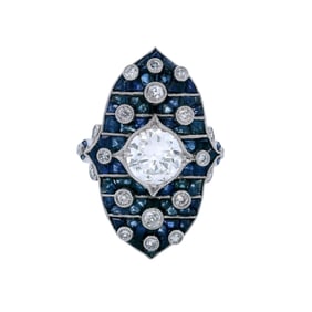 Art Deco Style Platinum Ring with 3.90 CTW in Diamonds and Sapphires