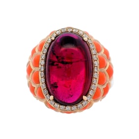14kt Gold enamel Ring with Pink Tourmaline and Diamonds
