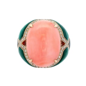 14kt yellow Gold Ring with Coral, Malachite and Diamonds