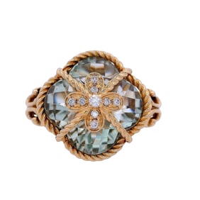 14kt yellow Gold clover Ring with Green Quartz and Diamonds