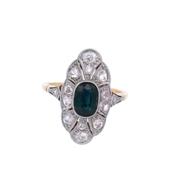 FRENCH Edwardian 18kt Gold and Platinum filigree Ring with Sapphire and Diamonds