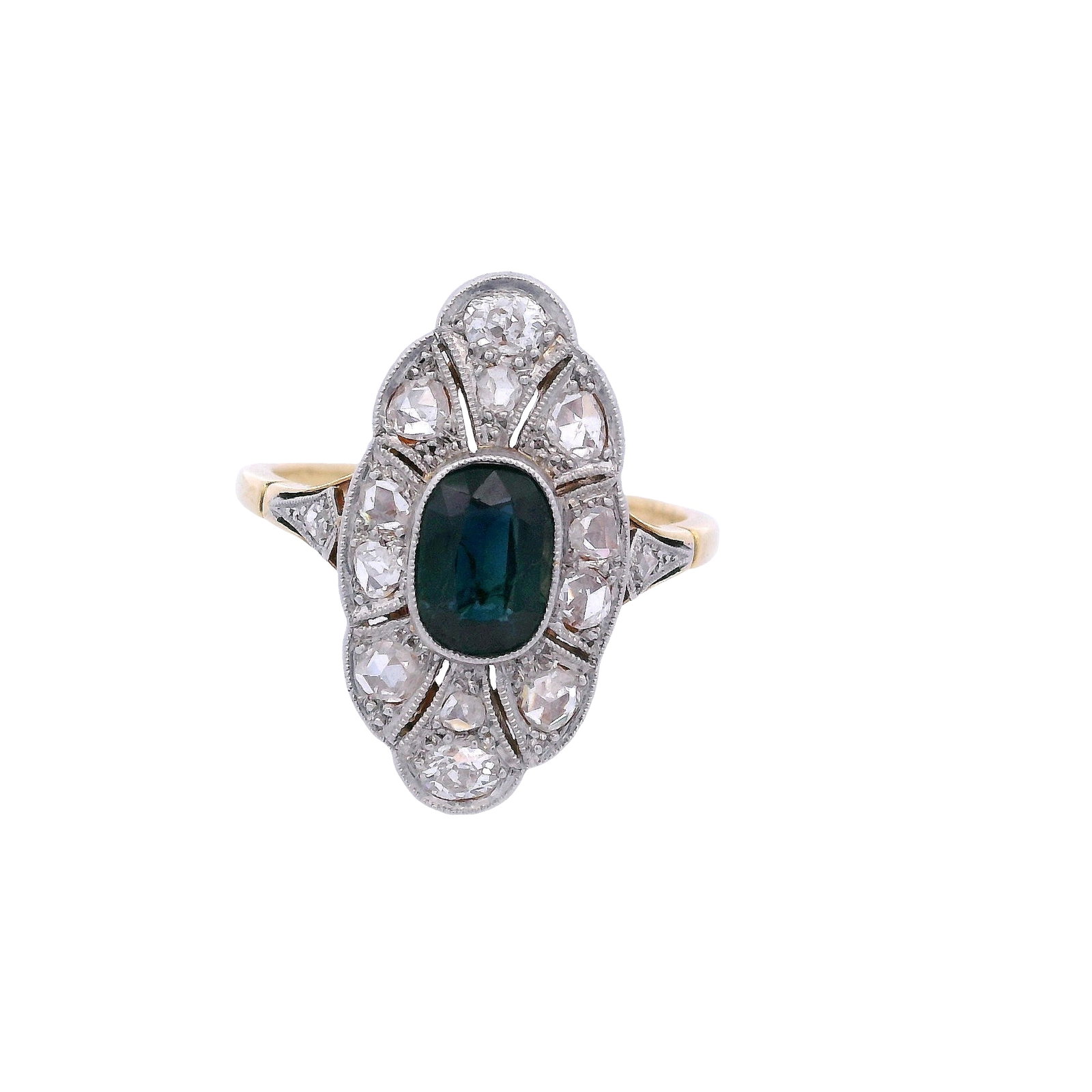FRENCH Edwardian 18kt Gold and Platinum filigree Ring with Sapphire and Diamonds: French Edwardian filigree Ring crafted in 18kt yellow Gold and Platinum on top. Set with a center Oval shaped blue Sapphire of Approx. 1.00 carats. Accented with two Old mine Diamonds and twelve Roe c