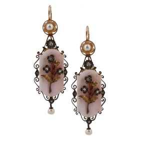 Hallmarked Victorian Diamonds & Coral Low Gold Drop Earrings