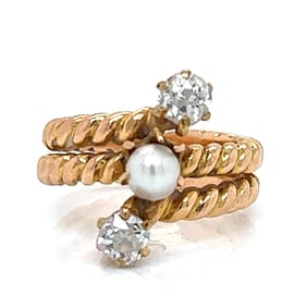 Victorian 18K Yellow Gold Natural Pearl & Diamond Ring