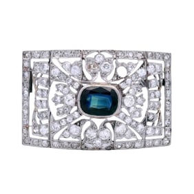 Art Deco filigree Platinum Brooch with 5.15 CTW in Sapphire and Diamonds