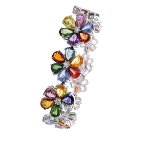 18kt white Gold Flower Bracelet with Multicolor Sapphires and Diamonds