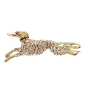 Vintage Diamonds & Rubies Dog Brooch in 18kt Gold