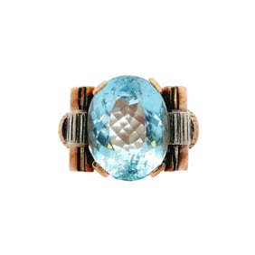 Retro 1950 18kt yellow and white Gold Ring with Aquamarine