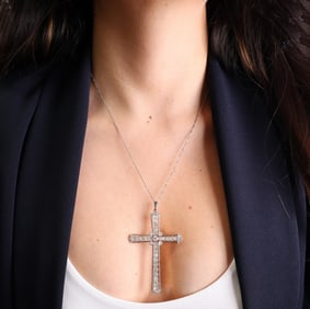 Antique Cross Pendant Necklace in Platinum & 18kt Gold with 3.60 CTW in Diamonds