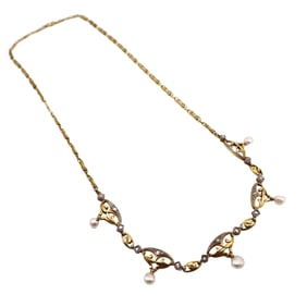 FRENCH Art Nouveau 18k Gold & Platinum Necklace with Diamonds and Natural Pearls