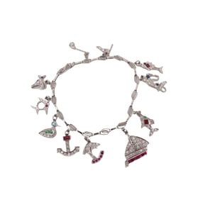 1920 Art Deco Platinum Charm Bracelet with Diamonds and Multi gemstones