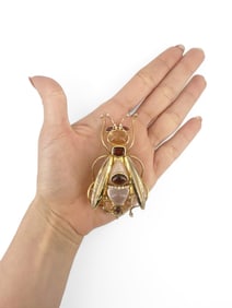 1970s 18kt Gold Bee Brooch Pendant Diamond Ruby Opal Rock Crystal Tourmaline