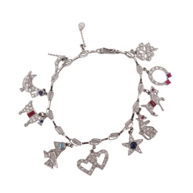 1920 Art Deco Platinum Charm Bracelet with Diamonds and Multi gemstones