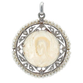 Antique 1900 Religious 18kt Gold Pendant with Nacre, Diamonds and Pearls