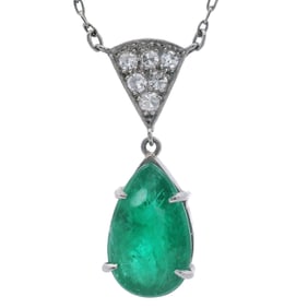Art Deco 1920 Platinum Necklace with Emerald and Diamonds