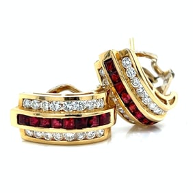 18K Yellow Gold Ruby & Diamond Earrings