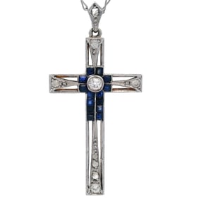 Art Deco filigree Cross Pendant in 18kt yellow Gold and Platinum with Sapphires and Diamonds