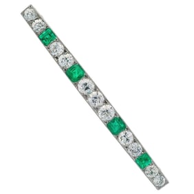 French 18kt white Gold Pin Brooch with 6.50 CTW in Colombian Emeralds and Old mine Diamonds