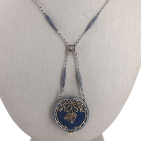 Edwardian 1900 Guilloche Enamel Pocket Watch lavalier Necklace in 18kt Gold
