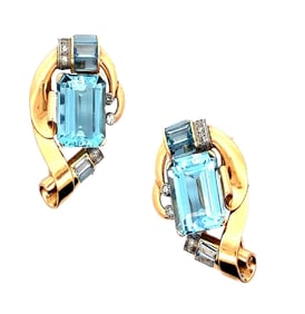 53.16 Ctw Aquamarines & Diamonds 18k gold Doble Clips