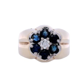 14kt Gold Retro Ring with Diamonds and blue Sapphires