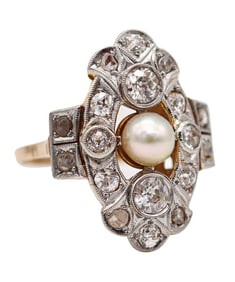 Edwardian 1910 Natural pearl Ring In 18Kt Yellow Gold With 1.36 Ctw In Diamonds