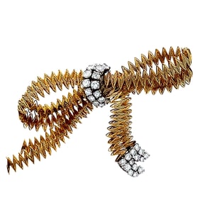 French Diamonds & 18k Gold Bow Brooch with Hallmark
