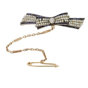 Art deco Sapphires & Pearls Bow Brooch in 14k/18k Gold