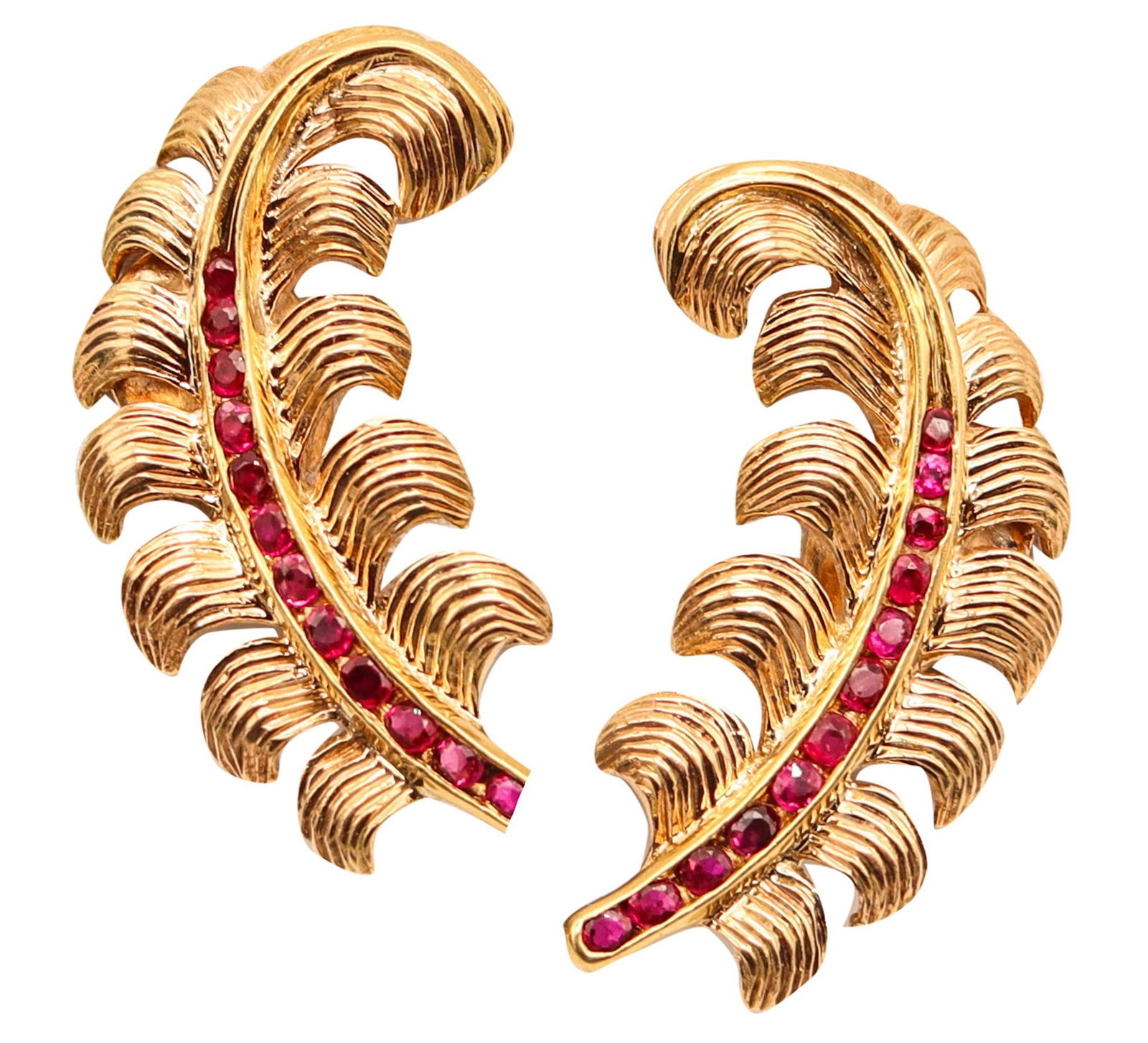 GEORGE SCHULER Leaves Clips Earrings In 14Kt yellow Gold With Rubies