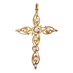 Art Nouveau 18kt Gold Cross Pendant with 1.30 Cts in Diamonds & Pearls