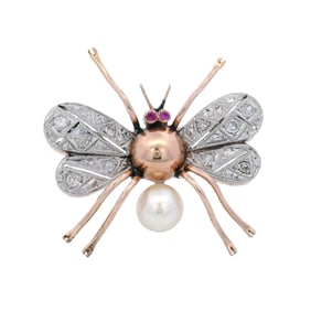 Vintage 18kt Gold and Platinum Bee Brooch with Diamonds, Rubies and Pearls