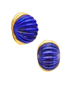 MODERNIST Italian Clips-On Earrings In 18Kt Gold With Lapis Lazuli