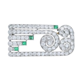 Art Deco Platinum Brooch with Diamonds and Emeralds
