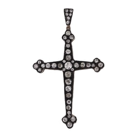 Antique large Pendant Cross in 14kt Gold and Siver with 5.60 CTW in Diamonds