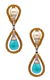 Mario Buccellati Dangle Earrings In 18Kt Gold With Turquoises & Pearls