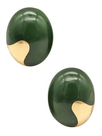 TIFFANY & CO. 1978 Angela Cummings Nephrite Oval Clips Earrings 18Kt Yellow Gold