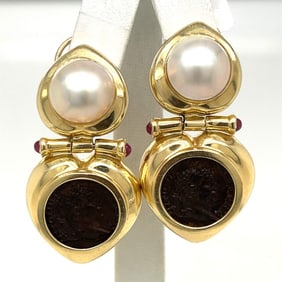 14K Yellow Gold Mabe Pearl, Ruby, and Roman Coin Earrings