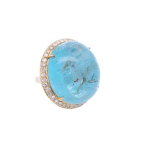 Modernist 18kt yellow Gold Cocktail Ring with 82.50 Cts Aquamarine & Diamonds