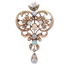 Vintage 14kt yellow Gold Pendant / Brooch with Diamonds and Opals