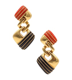 ROBERTO LEGNAZZI 1970 Dangle Drop Earrings In 18Kt Gold With Coral & Onyx