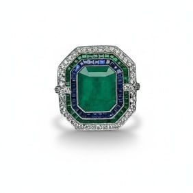 Art Deco style Platinum Ring with 13.65 CTW in Emeralds, Sapphires and Diamonds