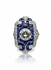 Art Deco style Platinum Ring with 5.5 Ctw in Diamonds and blue Sapphires
