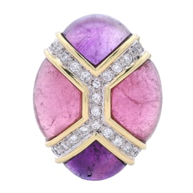 Cocktail 18kt yellow Gold Ring with Tourmaline, Amethyst and Diamonds