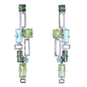 Geometric drop Earrings in 18kt white Gold with Peridot & Aquamarines