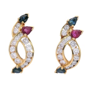 14kt yellow Gold Earrings with Sapphires, Rubies & Diamonds